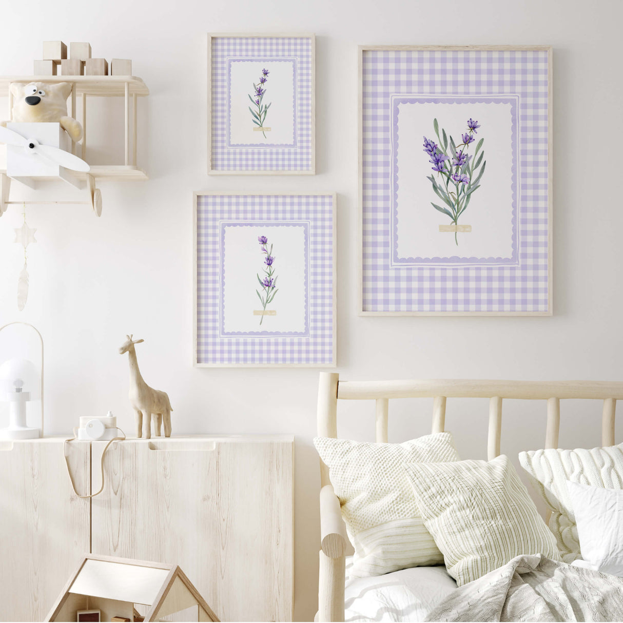 Digital download of watercolor lavender prints in purple gingham frames

