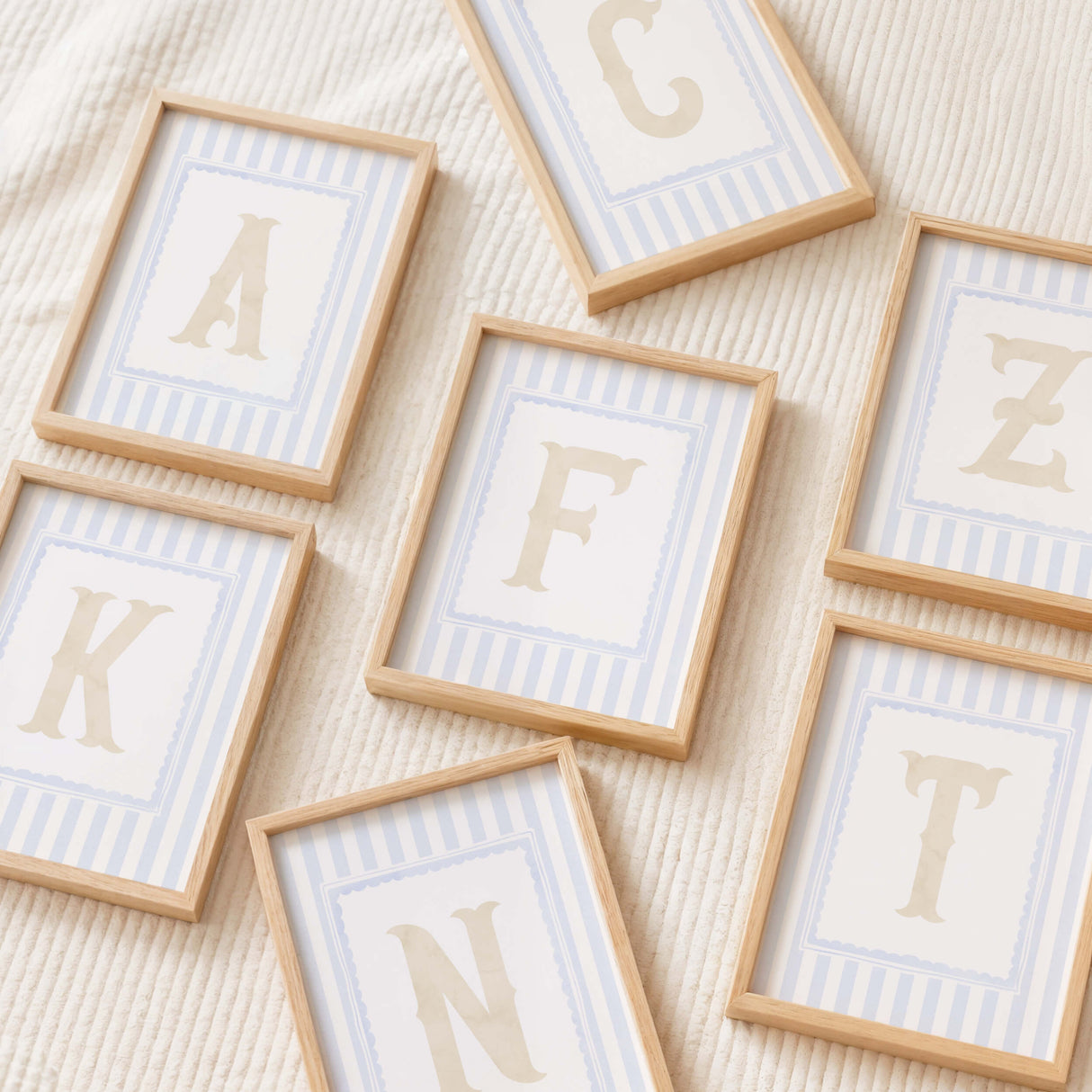 blue striped nursery wall art set with carousel swan bunny hot air balloon and initial letter printable for baby room decor