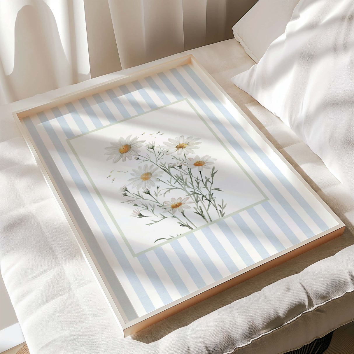 Blue and white striped floral botanical wall art for bedroom or kitchen.

