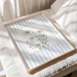 Blue and white striped floral botanical wall art for bedroom or kitchen.

