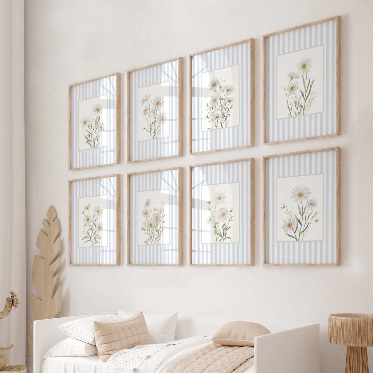 Farmhouse floral digital prints with daisies on striped light blue background.

