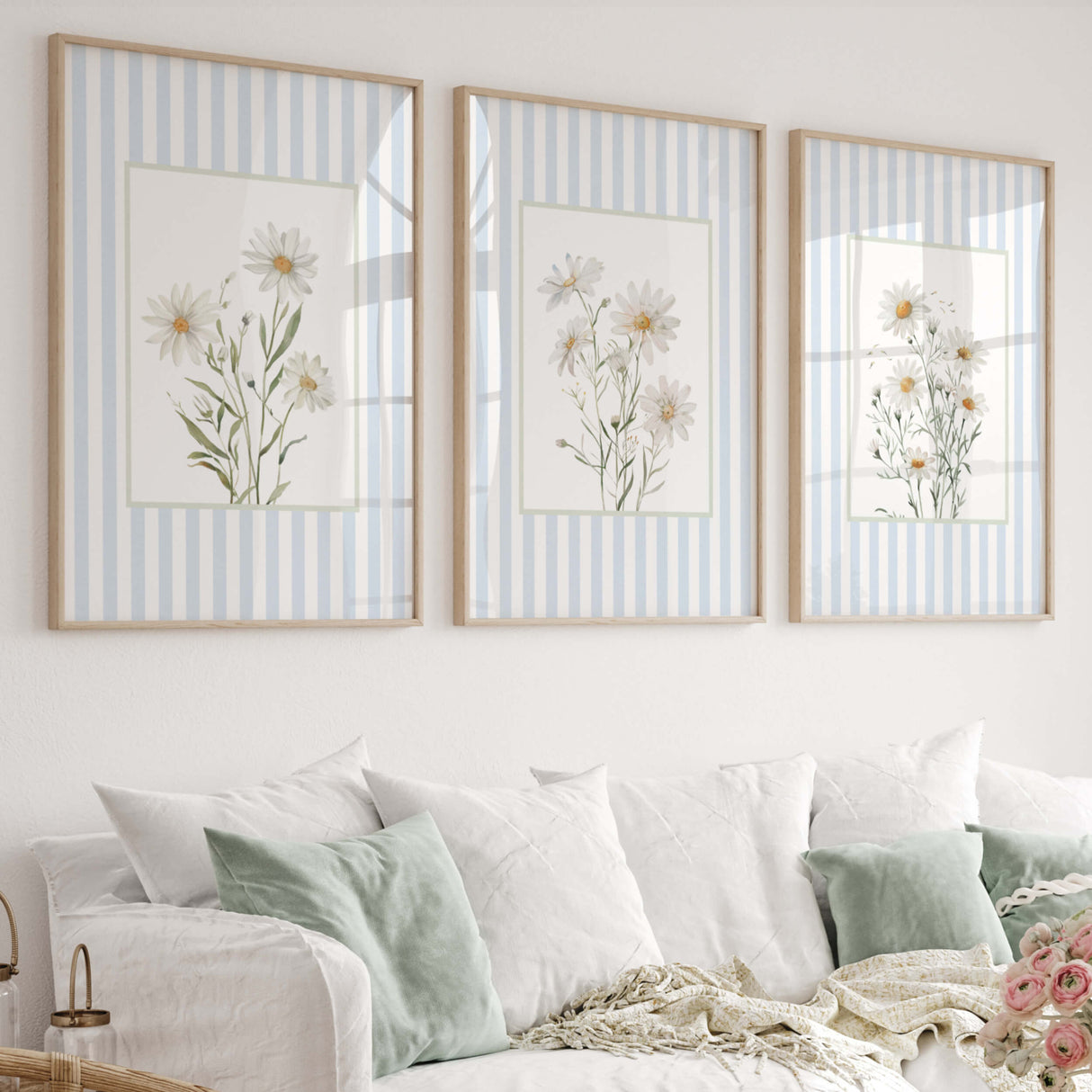 Scandinavian style blue striped daisy floral digital prints.

