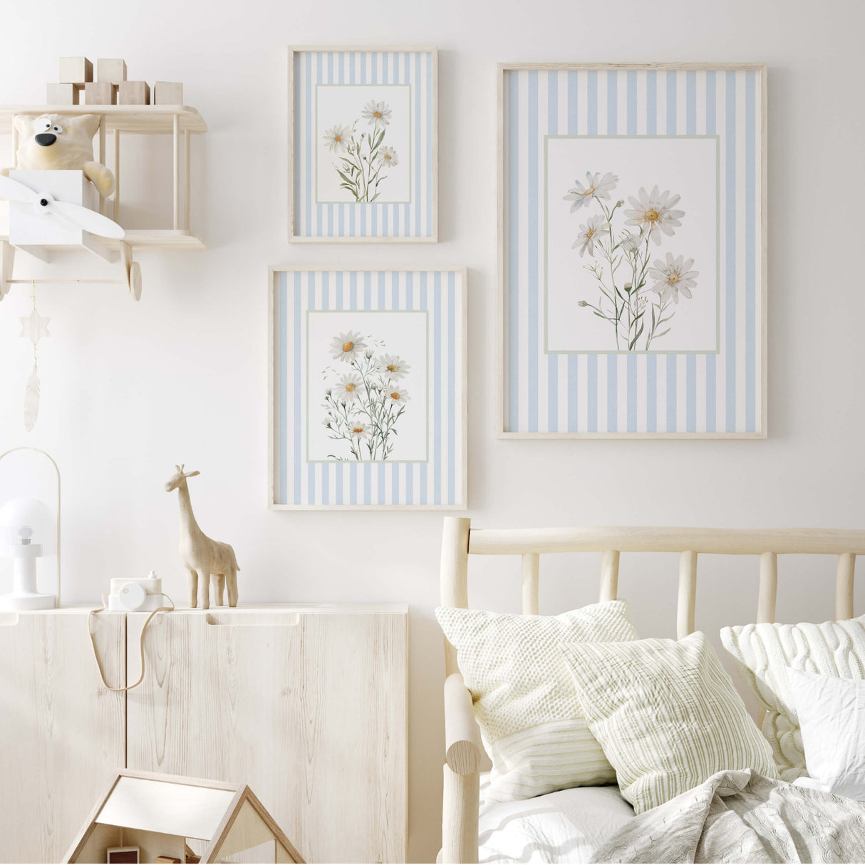 Boho wall decor floral botanical daisy print set for modern homes.

