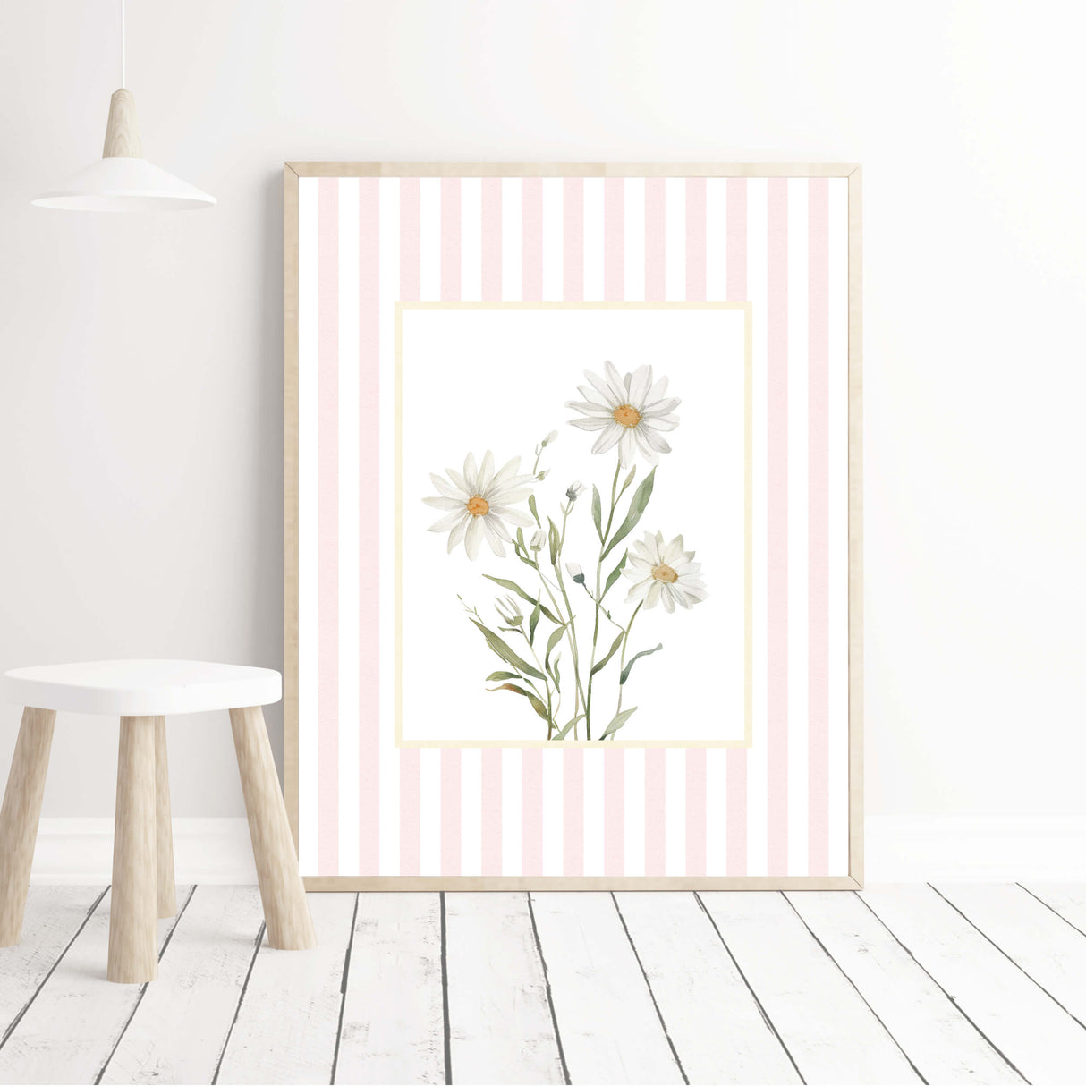 Pastel pink striped daisy floral printable wall art for girls room.

