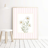 Pastel pink striped daisy floral printable wall art for girls room.

