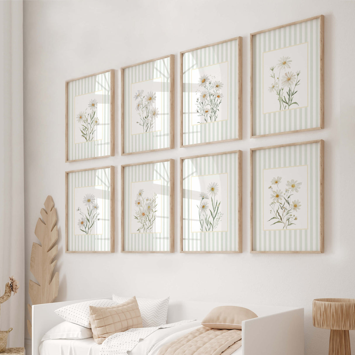 Gender neutral nursery daisy flower prints with sage green stripes

