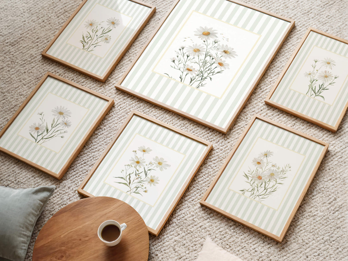 Sage striped floral daisy printable wall decor for baby room or bedroom

