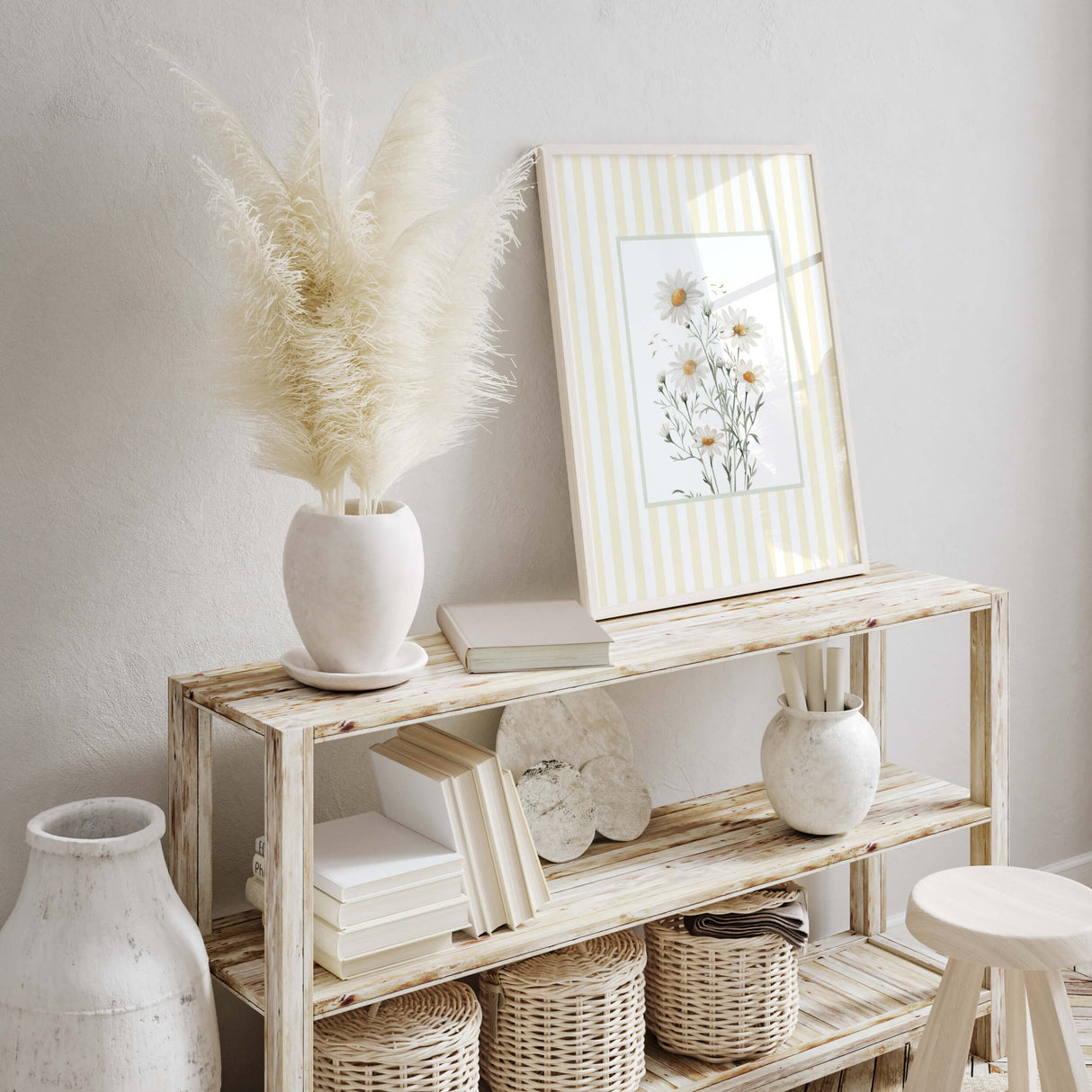 Spring summer daisy botanical print set 8 downloadable wall decor in yellow stripe frames

