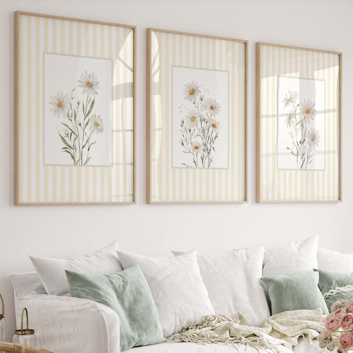 Set of 3 printable daisy floral wall art prints with yellow striped background in modern home decor

