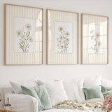 Set of 3 printable daisy floral wall art prints with yellow striped background in modern home decor

