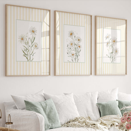 Set of 3 printable daisy floral wall art prints with yellow striped background in modern home decor

