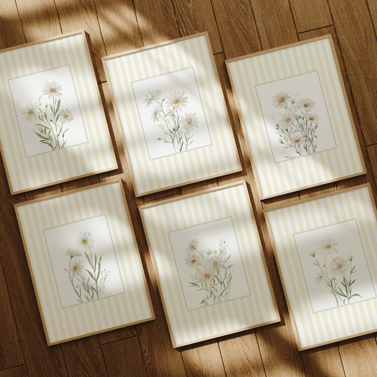 Minimalist floral printable art daisy bouquet in striped pastel background for home interior

