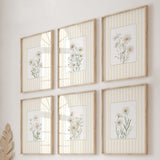 Set of 6 printable daisy floral wall art prints with yellow striped background in modern home decor

