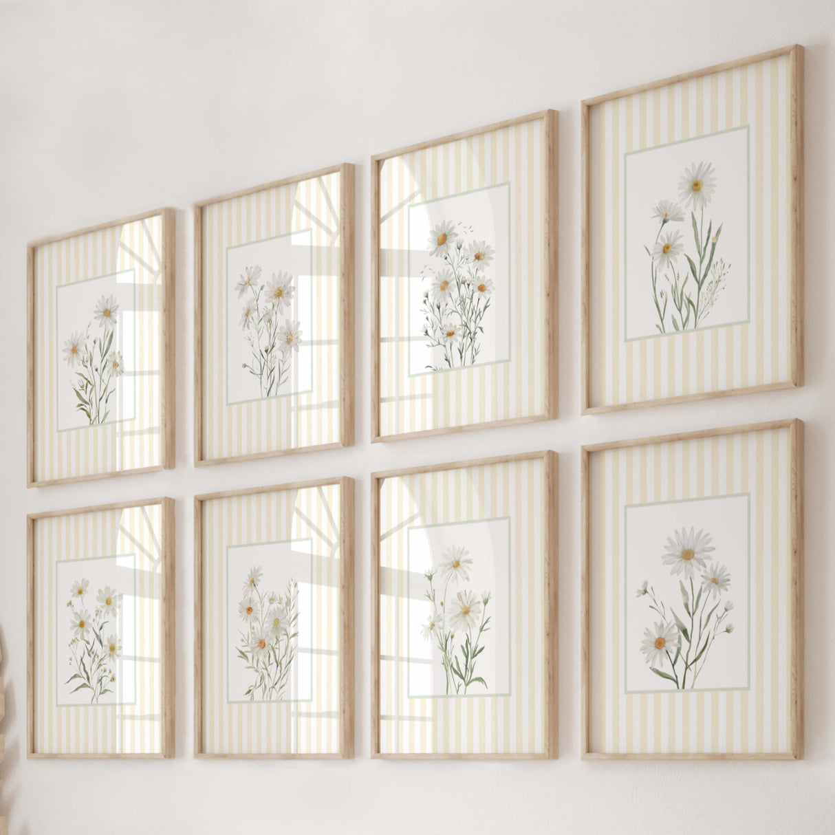 Set of 8 printable daisy floral wall art prints with yellow striped background in modern home decor

