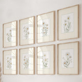 Set of 8 printable daisy floral wall art prints with yellow striped background in modern home decor

