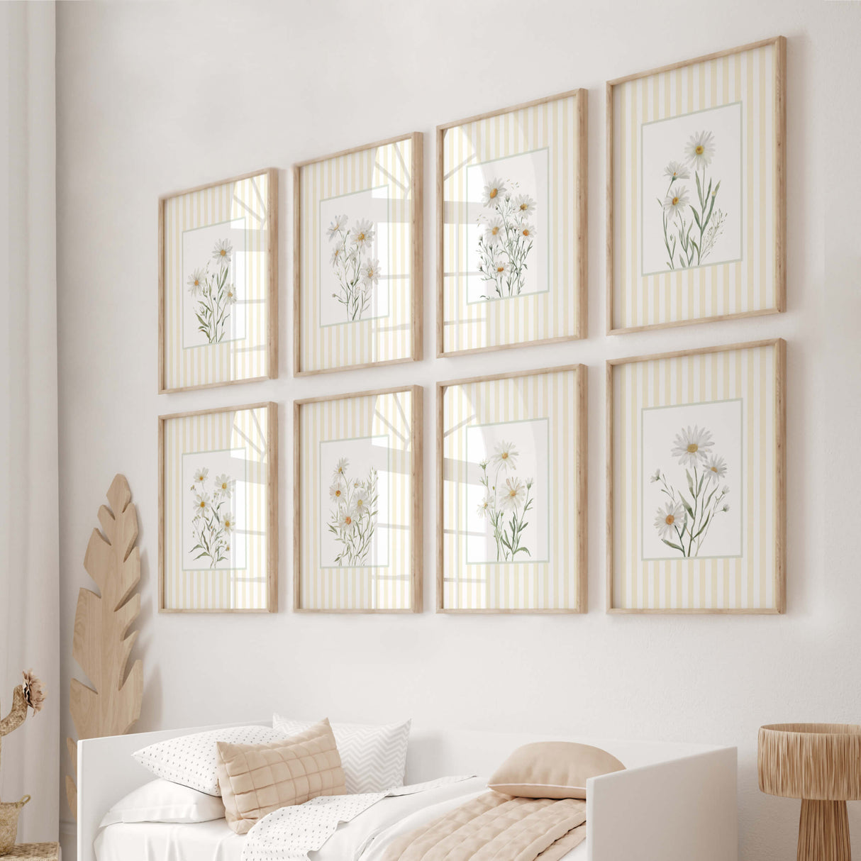 Set of 8 printable daisy floral wall art prints with yellow striped background in modern home decor

