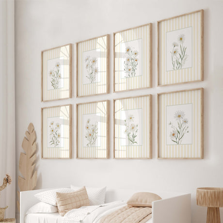 Set of 8 printable daisy floral wall art prints with yellow striped background in modern home decor

