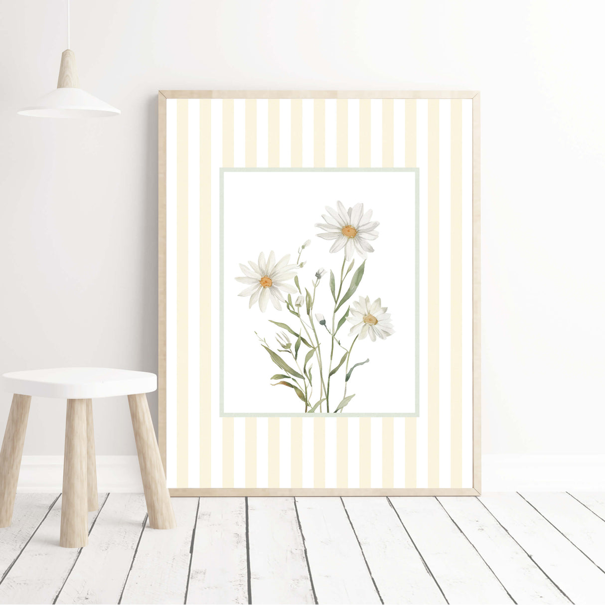 Neutral daisy flower wall art prints in light yellow stripe frame set of 8 digital downloads

