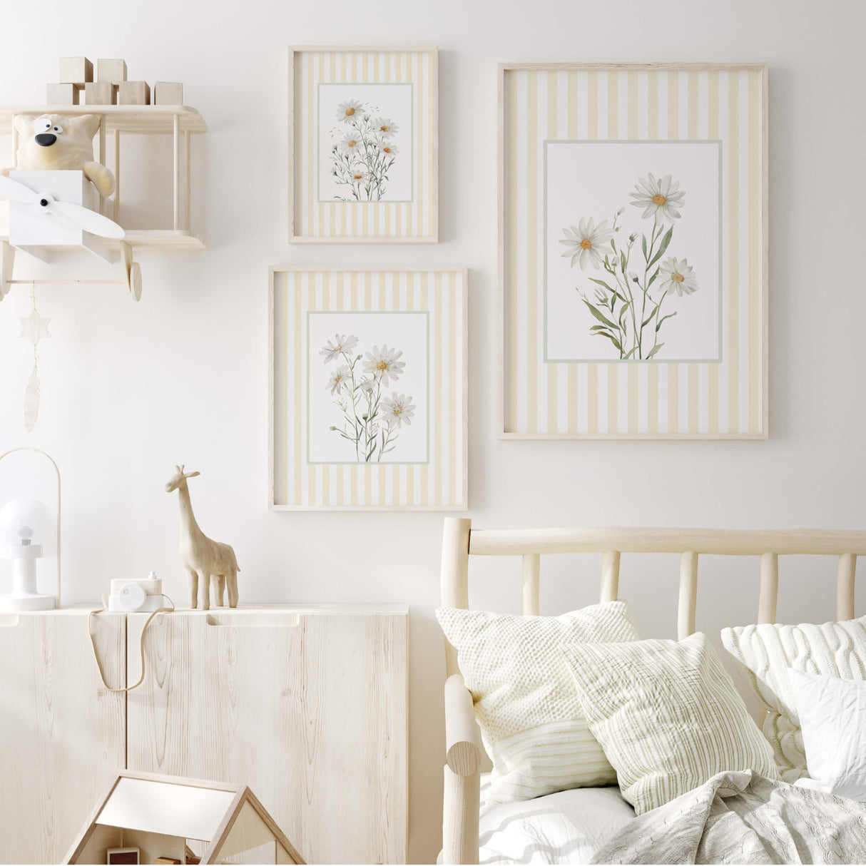 Set of 3 printable daisy floral wall art prints with yellow striped background in modern home decor

