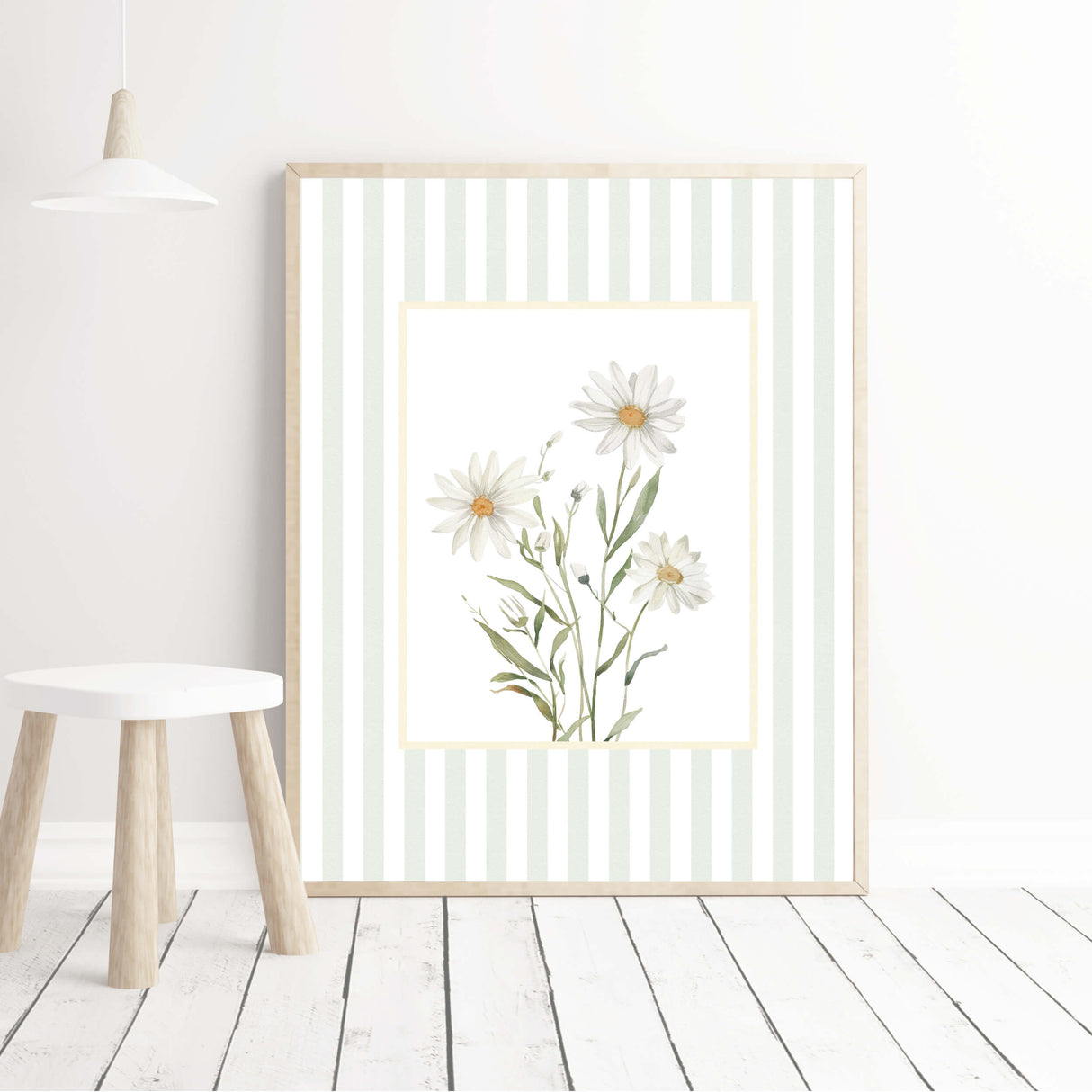 Vintage style chamomile and daisy printable wall art set in sage green

