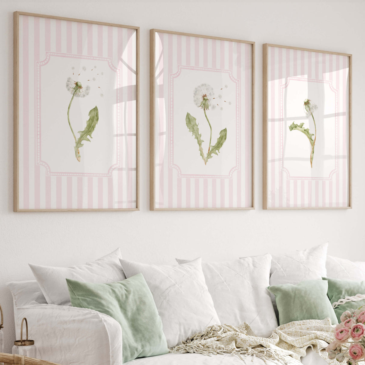 Dandelion botanical wall art with pink stripe background printable nursery decor