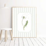 Set of 6 dandelion digital prints botanical illustrations in sage green stripe background