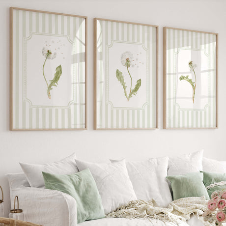 Dandelion wall art print set with sage green stripes for botanical nursery decor