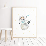 Watercolor astronaut boy with brown hair on the moon printable for boys nursery wall decor.
