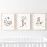 Set of 3 watercolor dinosaur print in brown, gray for toddler room decor, baby boys room decor.