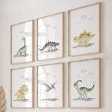 Set of 6 dinosaur print for neutral nursery decor, boys room decor and girls room wall decor.
