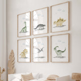 Set of 6 watercolor dinosaur baby with yellow and green colors print for neutral nursery ideas  and decor.