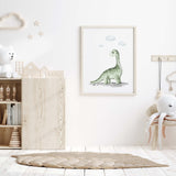 Watercolor green dinosaur poster for neutral room decor.