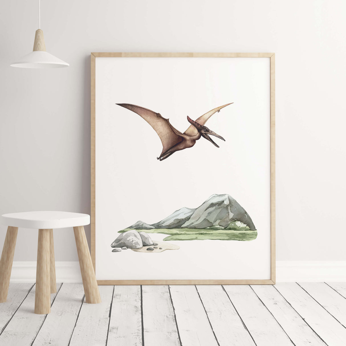 Watercolor pterodactyl dinosaur poster for neutral nursrey decor and toddler room decor.