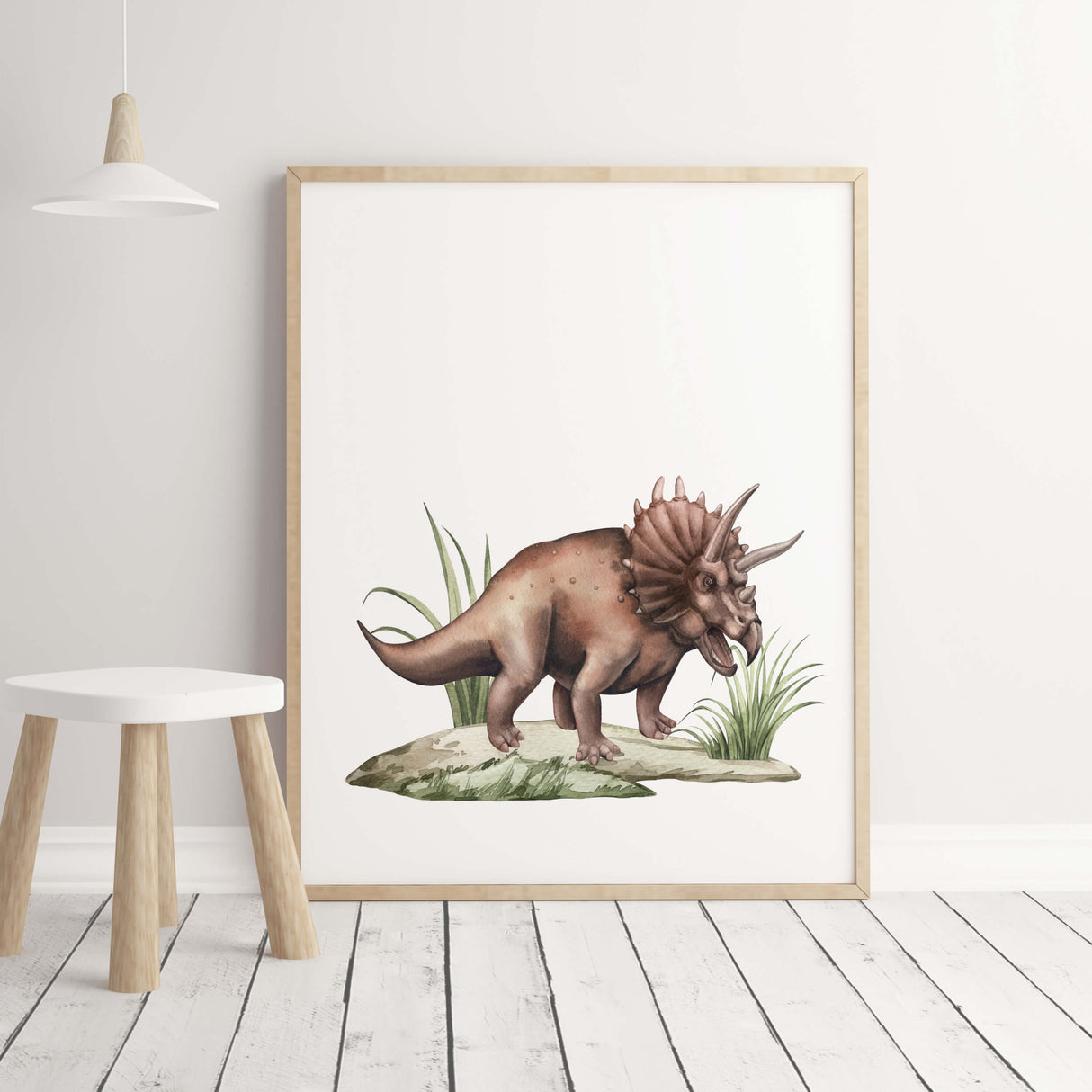Watercolor triceratops dinosaur printable for boys room decor.