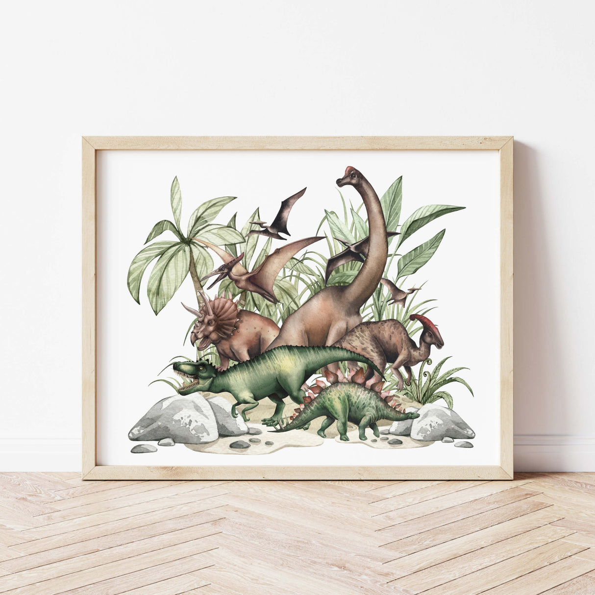 Dinosuar print with leaves and stones for kids room decor