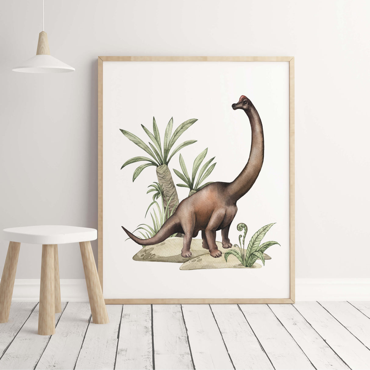 Watercolor brachiosaurus dinosaur printable for nursery room decor.
