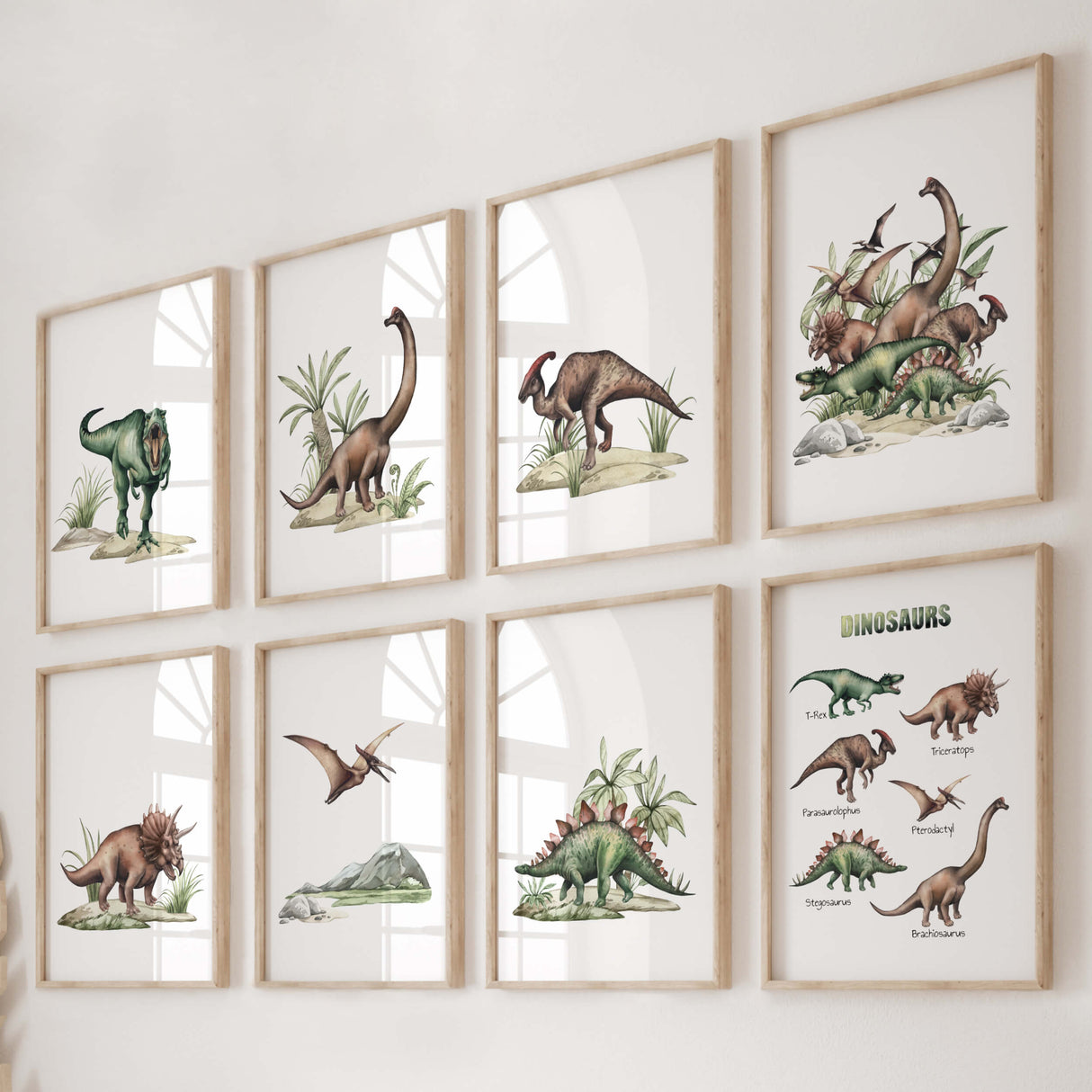Watercolor realistic dinosaur print for neutral room decor and boys room decor and nursery wall decor.