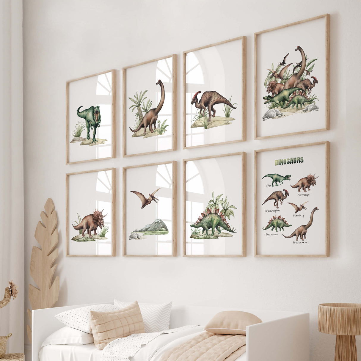 Watercolor realistic dinosaur prints for neutral nursery decor, boys nursery decor, toddler room decor and boys room decor.