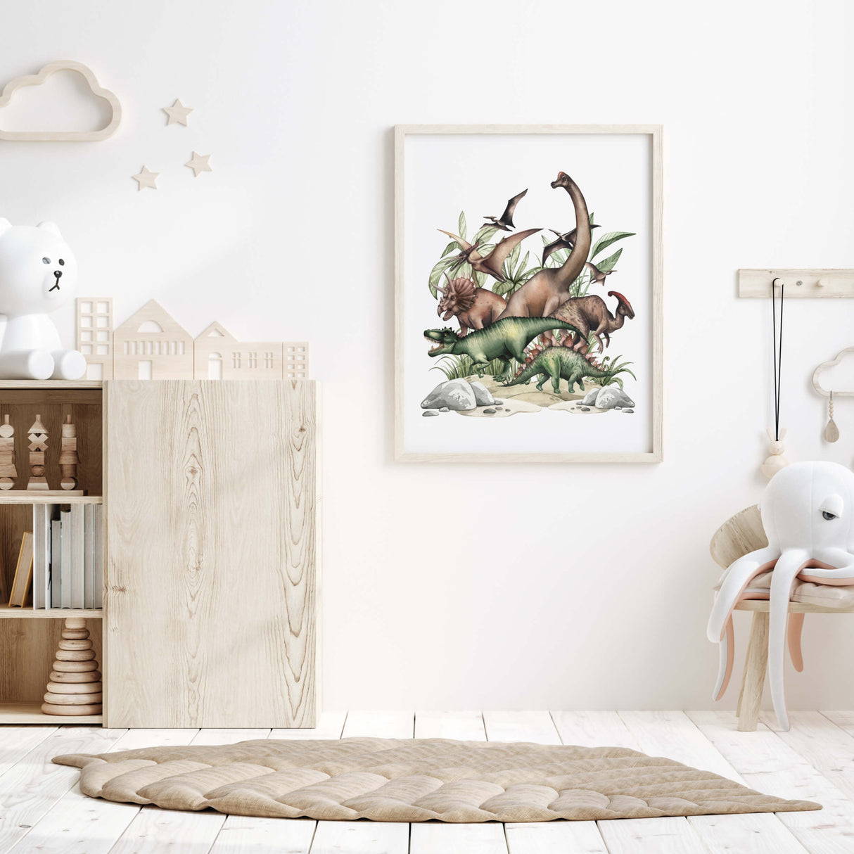 Watercolor dinosaur with plan print for green, brown nursery decor.