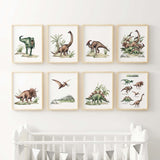 Set of 8 watercolor dino print with triceratops, t-rex, parasaurolophus, pterodactyl, stegosaurus, brachiosaurus for neutral nursery decor and boys  room decor and toddler room decor.l