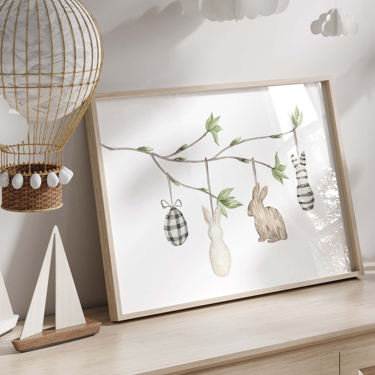 Watercolor easter print with easter egg tree branch and eggs in black and white, beige colors for neutral easter home decor.