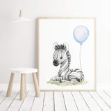 Watercolor zebra print with light blue balloon for  toddler room decor, baby boys room decor, toddler room decor, boho room decor