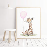 Watercolor giraffe print with pink balloon for  baby girls room decor
