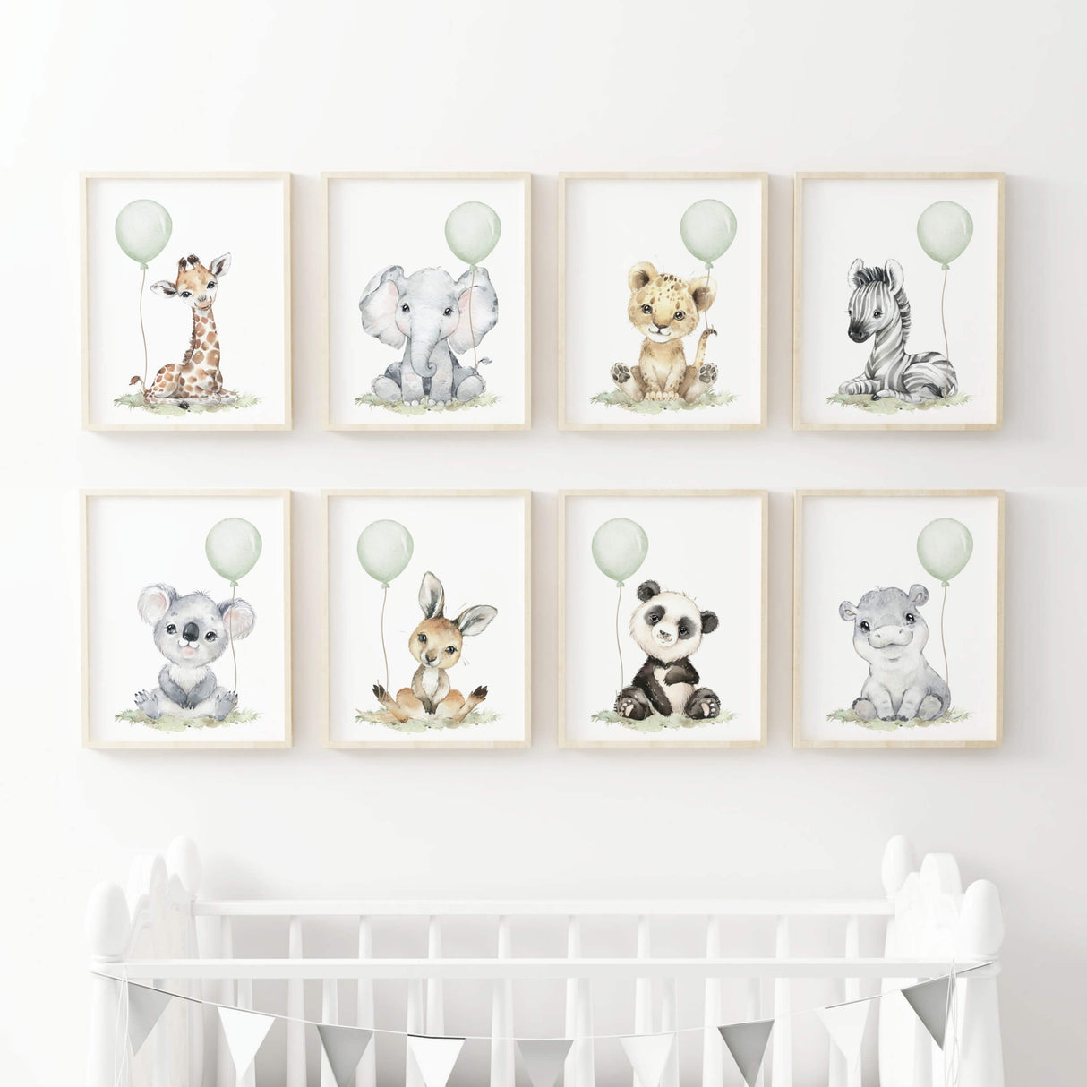 Watercolor safari animal poster with sage green balloon for gender neutral nursery decor, toddler room decor, baby boys room decor, girls room decor, boho room decor, animals: giraffe, elephant, lion, zebra, kangaroo, koala, hippo, panda