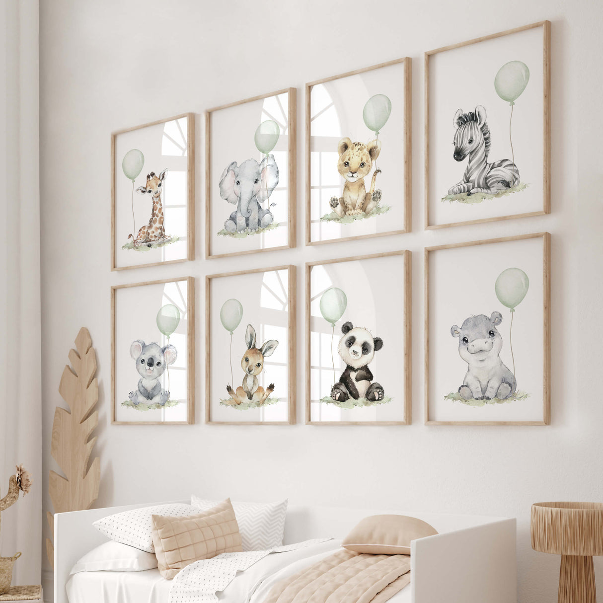 Watercolor safari animal printable with sage green balloon for gender neutral nursery decor, toddler room decor, baby boys room decor, girls room decor, boho room decor, animals: giraffe, elephant, lion, zebra, kangaroo, koala, hippo, panda