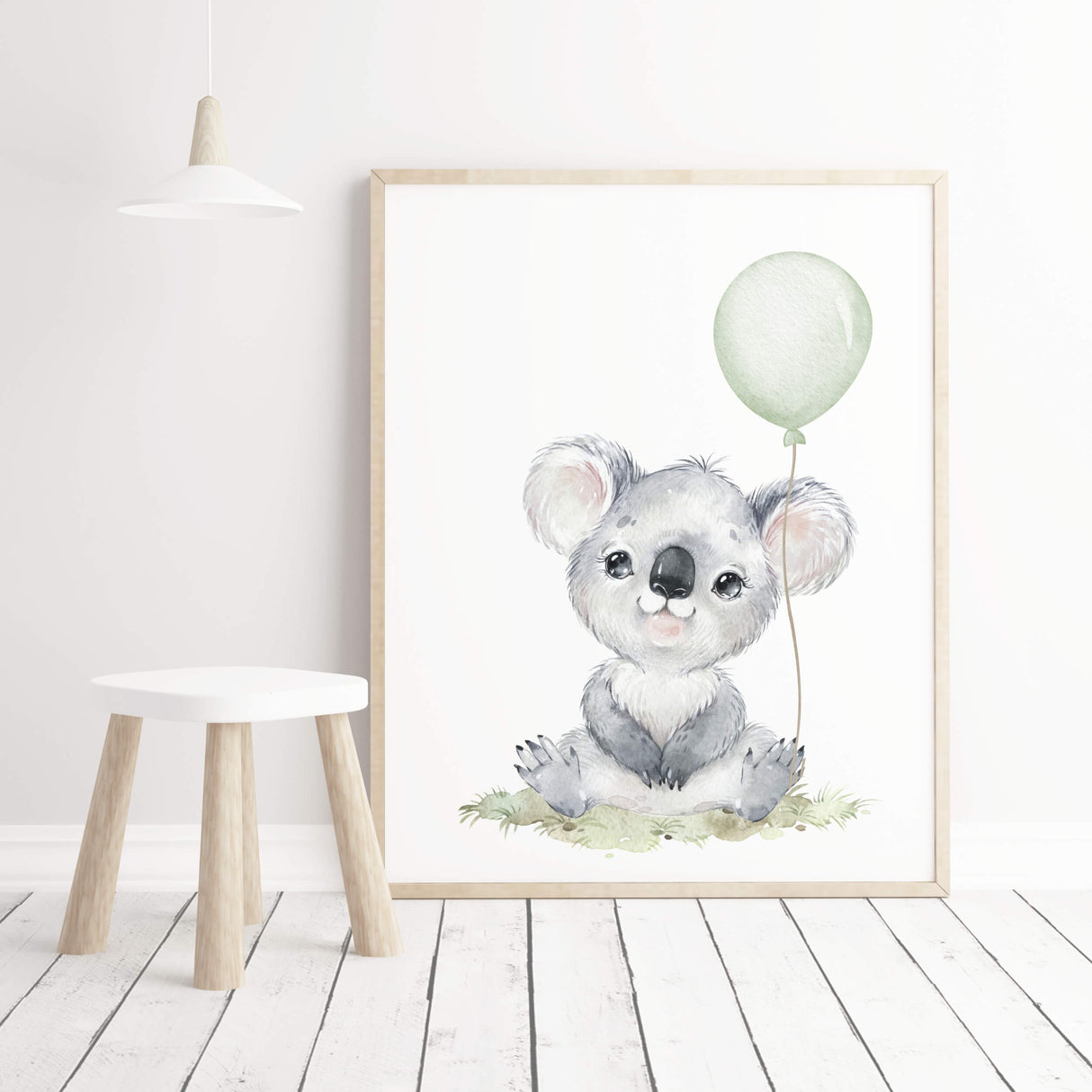 Watercolor koala print with sage green balloon for gender neutral nursery decor, toddler room decor, baby boys room decor, girls room decor, boho room decor
