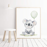 Watercolor koala print with sage green balloon for gender neutral nursery decor, toddler room decor, baby boys room decor, girls room decor, boho room decor
