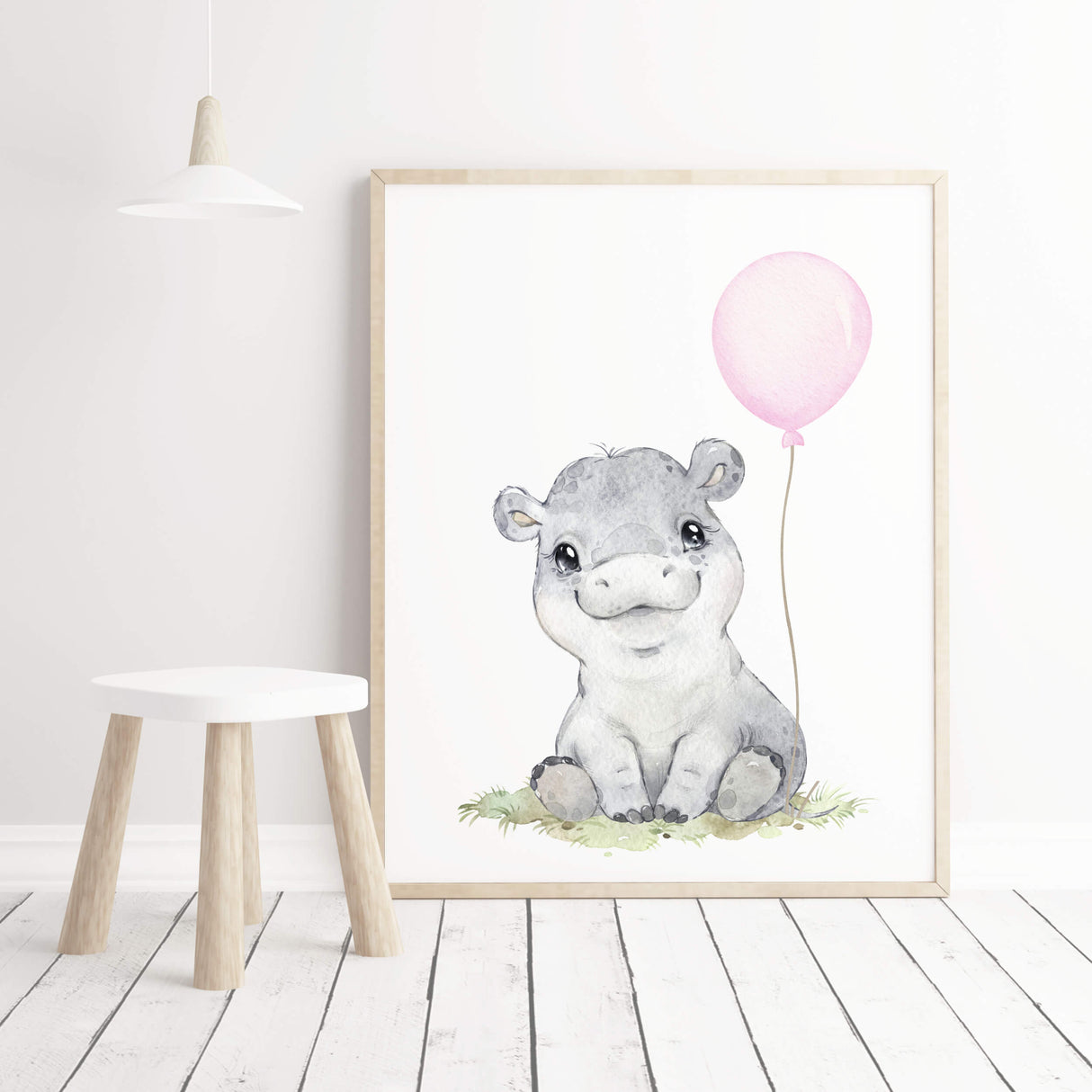 Watercolor hippo print with pink balloon for  baby girls room decor