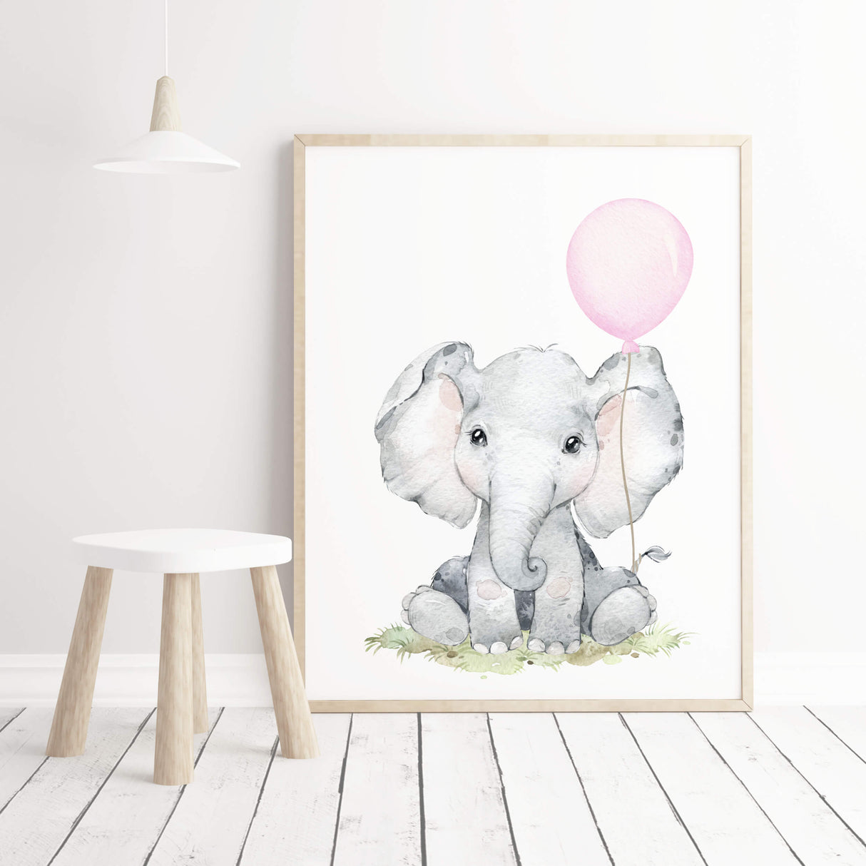 Watercolor elephant print with pink balloon for  baby girls room decor
