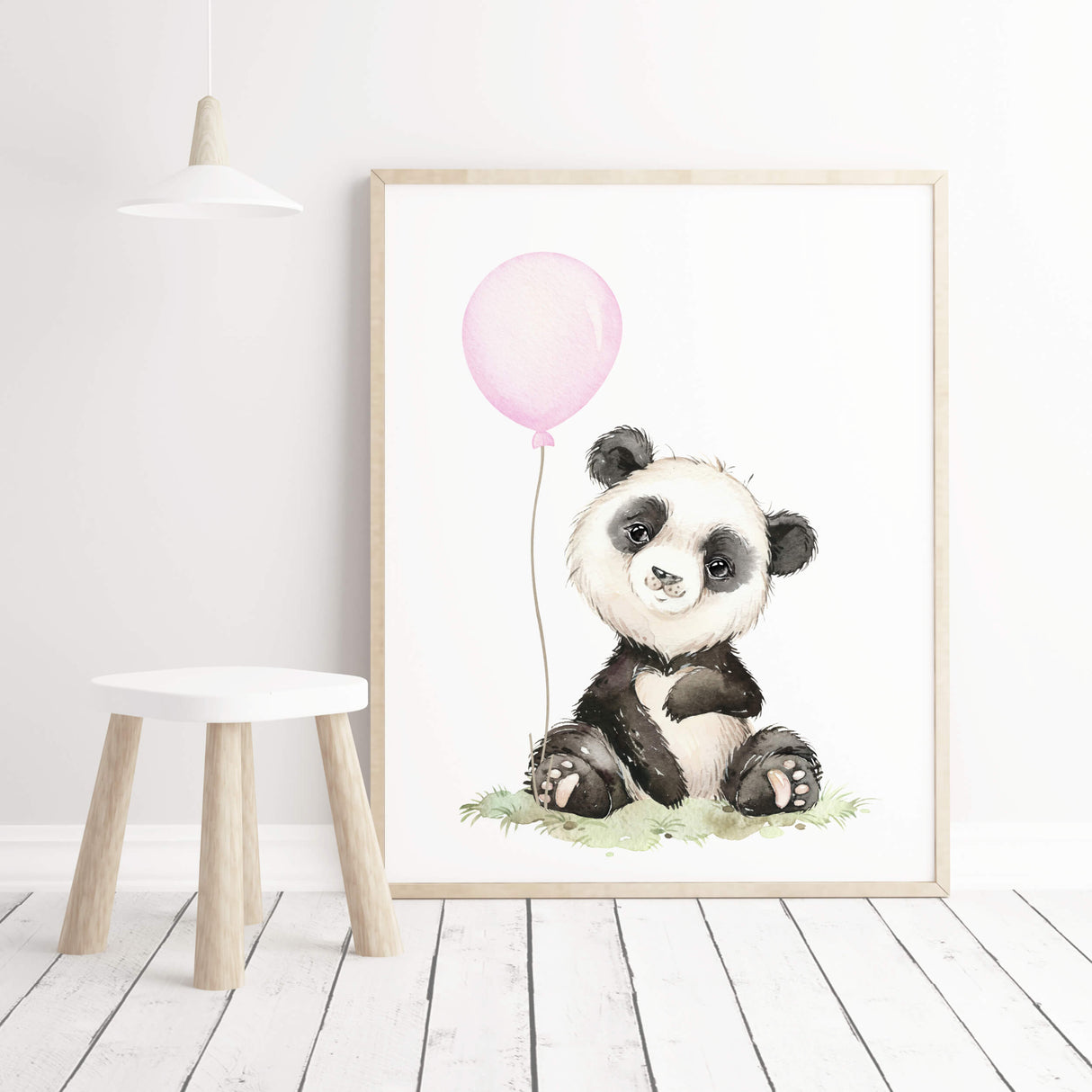 Watercolor panda print with pink balloon for  baby girls room decor